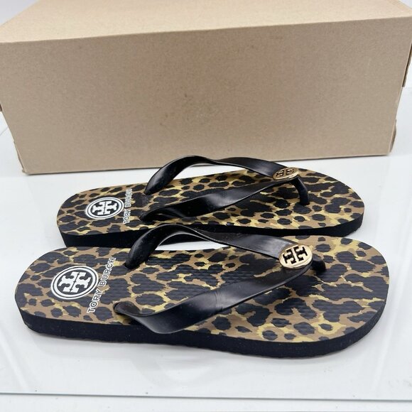 Tory Burch Eva Sole Flip Flops Black Leopard Print Logo Thong Sandal Womens US 5 - Picture 6 of 12